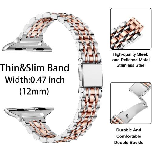 MioHHR Slim Metal Band Compatible with Apple Watch Band 42mm(Series 11 10) 41mm(Series 9 8 7) 40mm(Series 6 5 4 SE3/2/1) 38mm(Series 3 2 1),Stainless Steel iWatch Bands for Women,Silver/Rose Gold