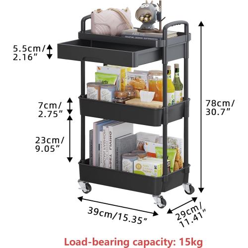 Black Calmootey 3-Tier Rolling Utility Cart with Drawer,Multifunctional Storage Organizer with Plastic Shelf & Metal Wheels,Storage Cart for Kitchen,Bathroom,Living Room,Office,Black