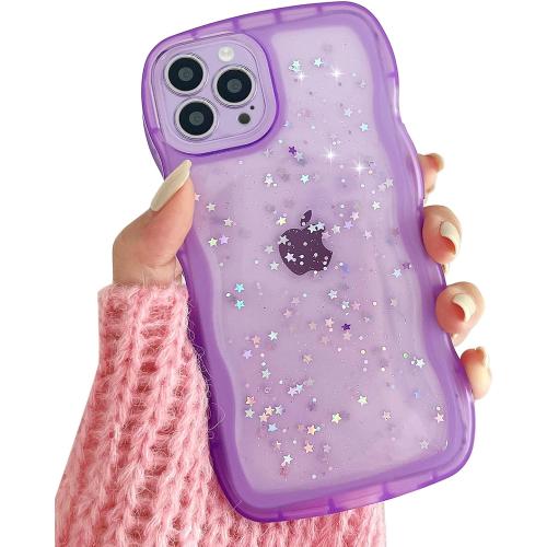 Qokey for iPhone 14 Pro Max Case 6.7, Curly Wave Design Transparent Bling Glitter Shiny Cute Clear Transparent Full Protection Soft TPU Shockproof Phone Cover(Purple)