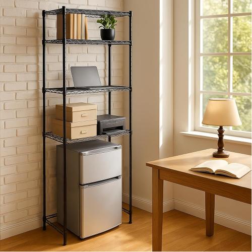 4 Tier Mini Fridge Shelf with Storage Over Mini Fridge Storage and Microwave Stand Height Adjustable Metal Storage Rack for Dorm Kitchen Office (Black