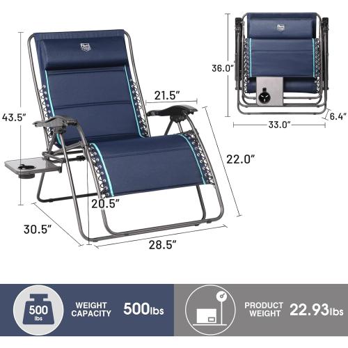 Blue TIMBER RIDGE Oversized Zero Gravity Chair, 33In Wide XXL Zero Gravity Reclining Chair with Side Table, Full Padded Lounge Chair for Outdoor Camping Patio Lawn, Heavy Duty Supports 500lbs, Blue-1 Pack