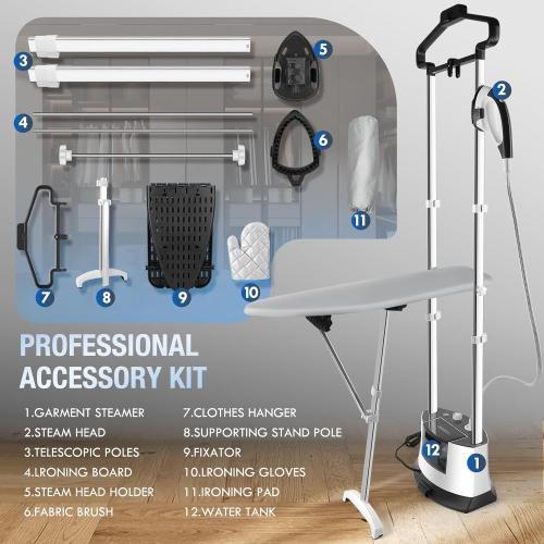 Color White Standing Garment Steamer 1500W Standing Garment Steamer - 30s Fast Heat, 101 fl.oz Detachable Tank, 2 - Level Steam Ironing Board and Clothing Hanger,Adjustment for Flat Hanging & Diagonal Ironing