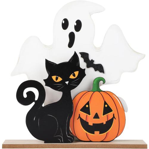 Halloween Decorations Indoor Wooden Black Cat Halloween Decor Ghost Table Sign Pumpkin Table Centerpieces Standing Tabletop Decoration for Holiday Desk Tiered Tray Party Shelf Decorations Farmhouse