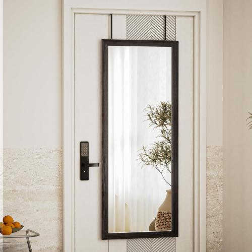 Over Door Mirror Wooden Frame, Full Length Hanging Mirror with Durable and Space-Saving Design for Bedroom, Bathroom, or Closet, Adjustable Height Hooks, Grey
