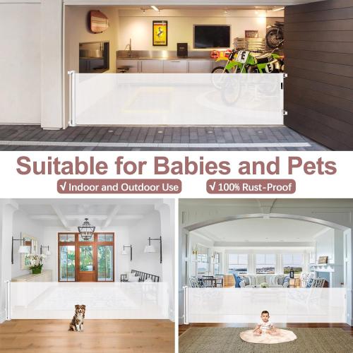 85 Inch Wide Baby Gate for Wide Openings Indoor Retractable Baby Gates Outdoor Retractable Dog Gate Mesh Gates for Kids or Pets Long Pet Gate for Doorways Long Dog Gate for Stairs, Porches, White