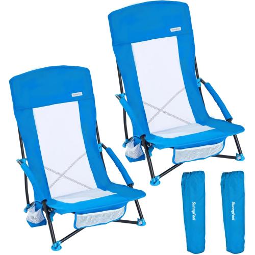 SUNNYFEEL Folding Beach Chair, High Back Beach Chairs for Adults, Lightweight Portable Camp Chair 300lbs Heavy Duty with Carry Bag, Cup Holder for Outdoor Travel Picnic Concert, 2 Pack, Blue