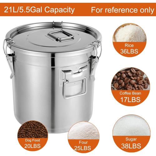 21L Silver DYNAMI 5.5Gal 304 Stainless Steel Airtight Container with Lid and Locking Clamp,17-38Lbs Metal Bucket Large Stainless Steel Canisters for Kitchen,Dog Food/Bird Seed/Coffee Storage Container(21L)