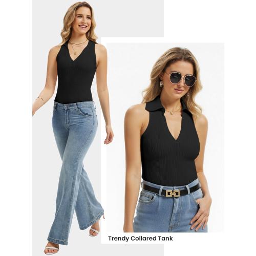 2XS.....Momtecanuo Women Ribbed Tank Top, Going Out Collared Camisole Top Business Casual Sleeveless V Neck Fitted Polo Shirt