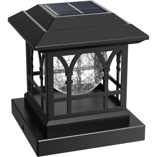 Fence Post Solar Lights, Crackle Glass Solar Post Cap Lights, 20 Lumens, Warm White & RGB Automatic Cycling 2 Modes for 3.6x3.6 4x4 4.5x4.5 5x5 Vinyl Wooden Posts Decoration, Black (1 Pack)