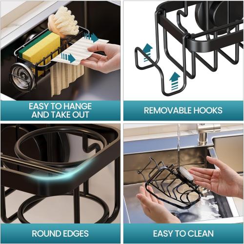 TAILI Sponge Holder with Strong Suction Cup, 4-in-1 Rustproof Sink Organizer - Sink Caddy Holds Sponges, Brushes, Stoppers & Scrapers - Black