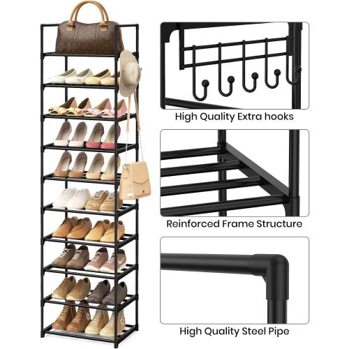 Narrow Shoe Rack 10 Tiers Tall Shoe Rack for Entryway 20 24 Pairs Shoe & Boots Organizer Storage Shelf Durable Black Metal Stackable Shoe Cabinet with Hooks, 17.1D x 11.8W x 78.7H in