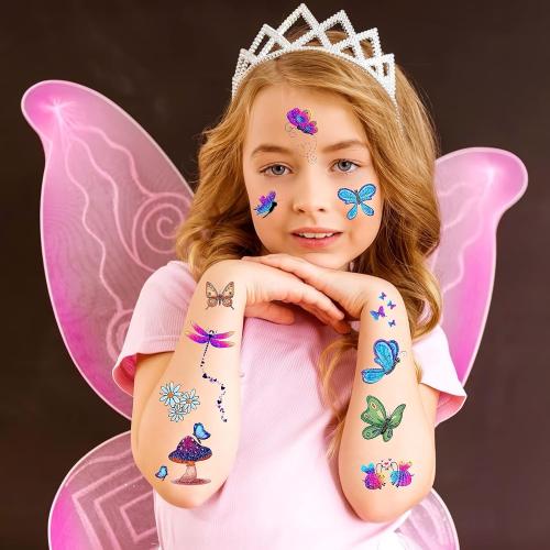 Konsait Glitter Temporary Tattoos for Kids,  Butterfly Mermaid Fairy Flowers Tattoo Stickers, Waterproof Fake Tattoos for Birthday Favors, Goodie Bags Stuffers & Party Accesorries