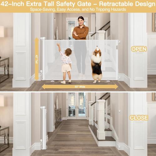 Reinforced 42 Extra Tall Retractable Baby Gates Tall Dog Gate with Support Rods, 55 Wide Mesh Gate Retractable Pet Gate Indoor/Outdoor Baby Gates for Dogs - Bottom Anti-Escape, White