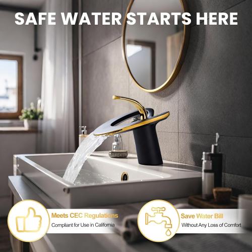 Black Gold Waterfall Sink Single Hole Vanity 1 Handle Brass Modern Unique Bathroom Faucets, 2 Tone Single Lever Copper Swan Style Vessel Hollow Faucet with Deck Plate for 3 Hole