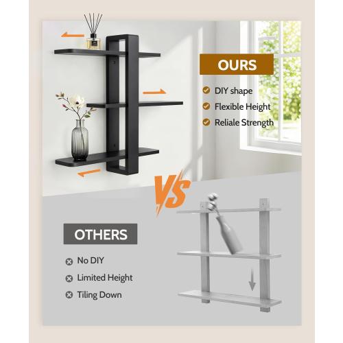 Black Floating Shelves for Wall Mounted Shelving Unit All Pine Wood 3 Tier Large Shelf for Bedroom Living Room Office Bathroom Home Decoration Storage Plant Photo Display Modern 20in
