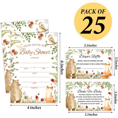 Woodland Baby Shower Invitations Kit with Envelopes, 25 Set Baby Shower Invites & 25 Diaper Raffle Tickets & 25 Baby Shower Book Request Cards, Baby Shower Celebration Supplies & Favors -06