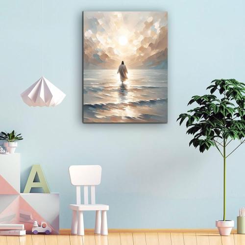 Jesus Walking on Water Canvas Wall Art Christian Bible Stories Wall Decor Pictures Modern Religious Posters Prints for Living Room Bedroom Church Home Decorations 16inx24in Ready to Hang