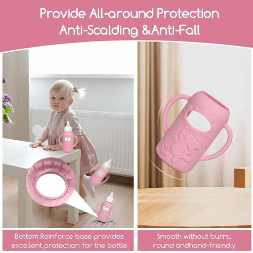 WAJIAYON 4 Pack Silicone Sleeves for Dr. Brown's Glass Baby Bottles -Drop Protection Easy-Grip Baby Bottle Sleeves Holder with Handles, Compatible with Dr. Brown's Newborn Glass Bottles 4 oz/120 ml