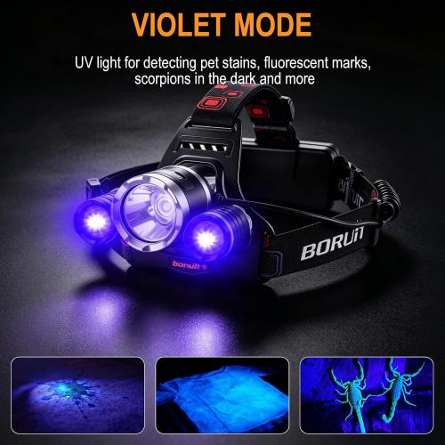 BORUIT RJ-3000 LED Black Light Headlamp,3 Modes White and UV Light Headlamp, Super Bright USB-C Rechargeable Aluminum Head Lamp for Inspection,Scorpions, Camping Hiking Outdoor Use