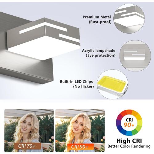 LED Modern Bathroom Vanity Light Fixtures, Dimmable Brushed Nickel Vanity Lights for Bathroom Lighting Fixtures Over Mirror, with 360° Rotatable Acrylic Heads 4-Light 28-inch (Cool White 6000K)