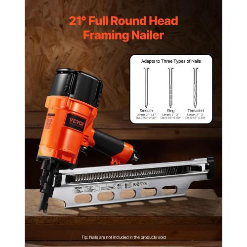 VEVOR Framing Nailer, 80-120PSI Air Nail Gun, 2 to 3-1/2 21 Degree Full Round Head Pneumatic Framing Nailer with Tool-Less Depth Adjustment & Dual Trigger Modes, Ideal for Framing Decking Flooring