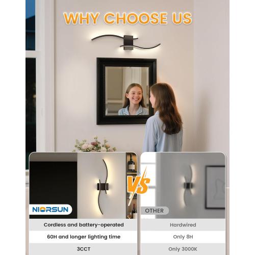 NIORSUN 27.6 Inch Battery Operated Wall Sconce Set of 2, Black Modern Rechargeable Wall Lights with Remote, 3CCT Dimmable Wireless Wall Lamp for Living Room Bedroom Hallway