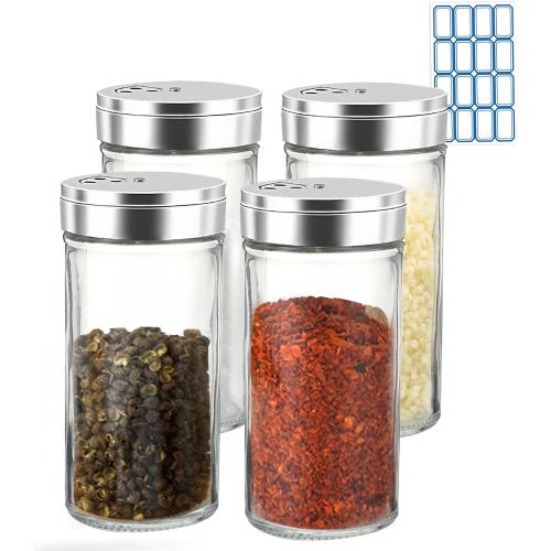 4pcs Salt and Pepper Shakers Set with Adjustable Pour Holes, Salt Shakers Glass with Stainless Steel Lids, White Black Salt Shaker Spice Shaker Dispenser for Seasoning