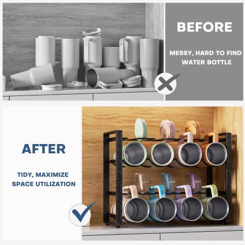 2-Tier Water Bottle Organizer for Cabinet - for Stanley 40 oz Tumbler, Anti-Rolling Cup Organizer for Kitchen Cabinets with Lid Storage, Water Bottle Holder for Cabinet Travel Mug Cup
