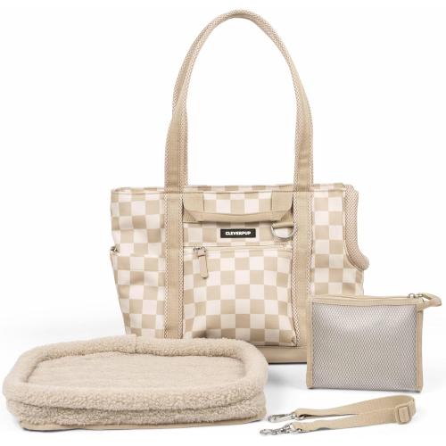 CLEVERPUP Transit & Treat Bundle - Premium 4-Piece Transit Tote Dog Carrier in Tan Checkerboard