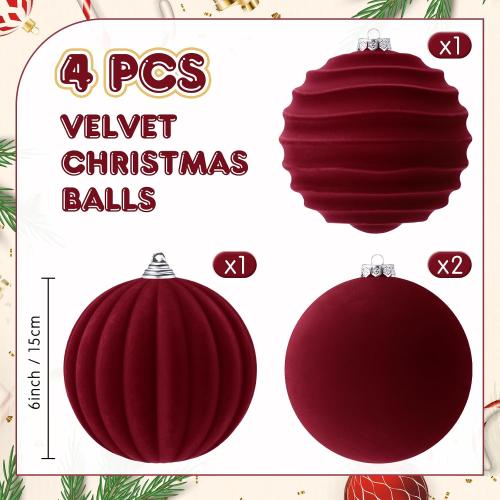 Syhood 4 Pcs 6 Inch Velvet Christmas Balls Large Velvet Ornaments Balls Xmas Tree Decorations Hanging Flocked Ornaments for Christmas Tree Home Garland Holiday Party Decor (Burgundy)