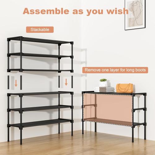 32.3 Widening Design Shoe Rack for Closet 16 Pairs Small Spaces Non-Woven 3 Tier Shoe Organizer Stackable Metal Shoe Shelf for Entryway, Bedroom