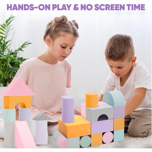 Set of 34 Jumbo Large Foam Blocks for Toddlers - Stacking Soft Blocks for Kids with Shapes & Colors Learning - Construction Building Preschool Toys - Giant Foam Bath Blocks for Toddlers 3-5 & above
