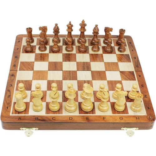 House of Chess - Victorian Staunton Golden Acacia Wood Chess Set - 14 x 14 Inches Wooden Folding Chess Board with Algebraic Notation - Wooden Chess Pieces with King Height 3 Inches   2 Extra Queens