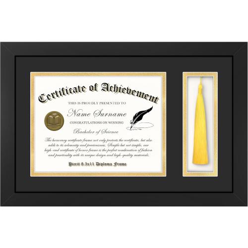 Picrit 11x17 Wood Diploma Frame with Tassel Holder for 8.5x11 Certificate/Degree Document with Tempered Glass, Black over Gold Mat