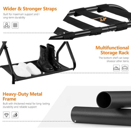 Heybly Luggage Rack for Guest Room, Pack of 2, Steel Folding Suitcase Stand with Storage Shelf for Bedroom, Hotel, Foldable Steel Frame, Guest Room 26.2 L x 14.4 W x 20.5 H, Black HLR004B2