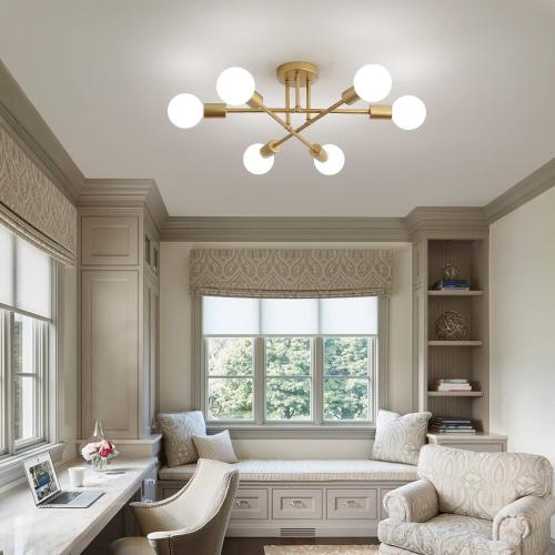 Gold Modern Sputnik Chandelier Ceiling Light Fixtures,6-Lights Industrial Metal Semi Flush Mount Ceiling Light for Bedroom Dining Room Living Room Kitchen Hallway UL Listed