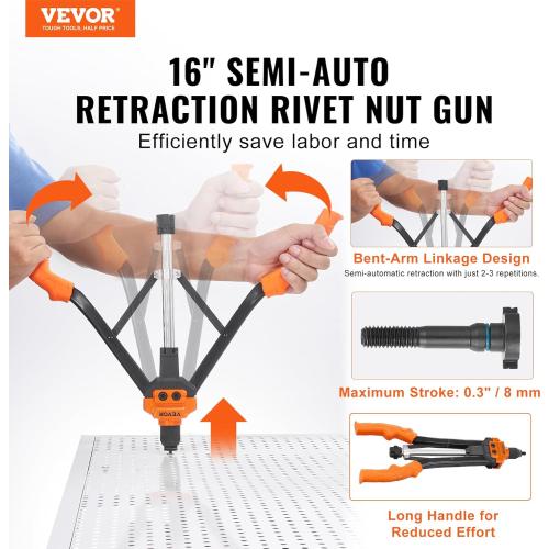 VEVOR Rivet Nut Tool, 16 inch Rivnut Tool Kit with 13PCS Metric and SAE Mandrels, 186PCS Rivet Nuts, Semi-auto Retraction, M3, M4, M5, M6, M8, M10, M12, 1/4-20, 5/16-18, 3/8-16, 1/2-13, 8-32, 10-24