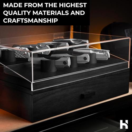 Premium Pocket Knife Display Case for 30 Knives - Large Wooden Knife Organizer, Storage & Holder with Unique Pillars, Hinged Cover, Drawer - Knife Collection Box - Handcrafted for Men