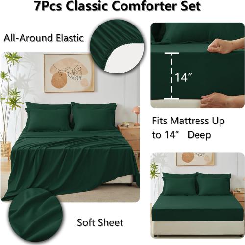 GREEN CozyLux Queen Comforter Set Emerald Green - Bed in a Bag Queen Size 7 Pieces, Luxury Soft Bed Set for All Seasons, Bedding Set with Down Alternative Comforter, Sheets, Pillowcases & Shams
