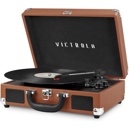 Victrola Journey Bluetooth Portable Suitcase Record Player – with Built-in Speakers, 3 Speed Vinyl Record Player, RCA Out, Headphone Jack (Cognac)