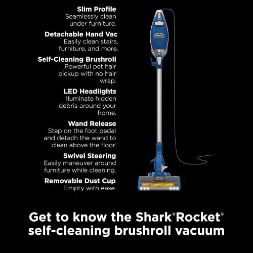 Shark HV343AMZ Rocket Corded Stick Vacuum with Self-Cleaning Brushroll, Lightweight & Maneuverable, Perfect for Pet Hair Pickup, Converts to a Hand Vacuum, Crevice Upholstery Tools, Blue/Silver
