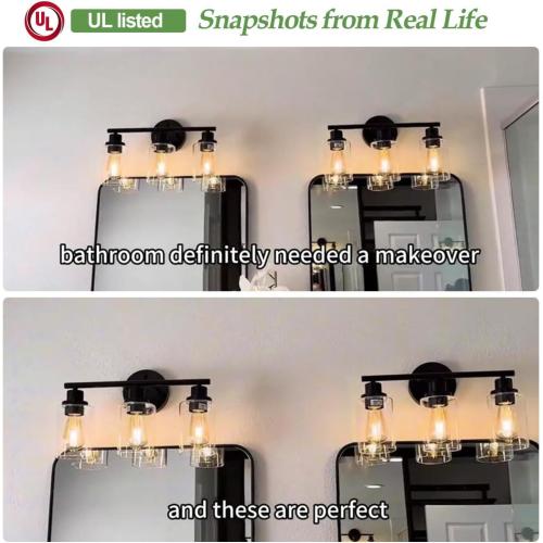 3-Light Bathroom Light Fixtures, 17.23 Black Modern Vanity Lights with Clear Glass Shade, Bathroom Wall Lamp for Mirror Kitchen Living Room Hallway Cabinet Porch