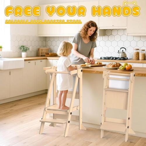 Foldable Toddler Tower, Wooden Toddler Kitchen Stool with 3 Adjustable Heights and Removable White/Blackboard, Montessori Foldable Learning Tower Kitchen Stool, Natural Wood