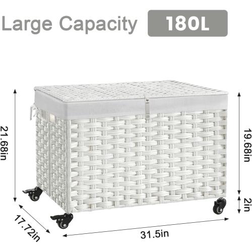 Rolling Storage Basket with Lid, 47.6 Gallon (180L) Storage Bin with Wheels, Woven Rattan Blanket Storage Basket with Handles, Foldable, Metal Frame, Removable Liner for Bedroom, Laundry Room, White
