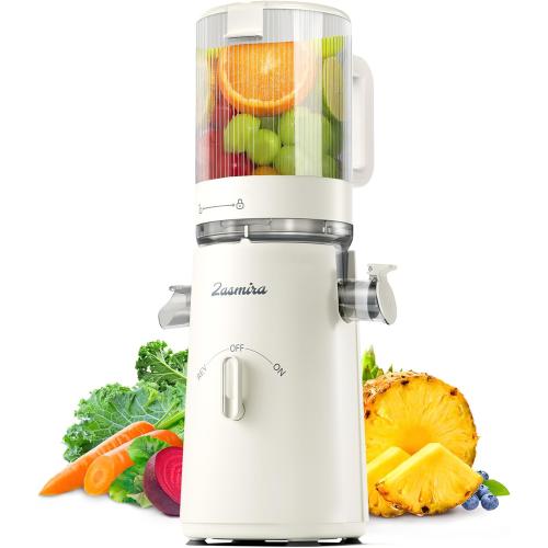 Color White Cold Press Juicer, Zasmira Juicer Machines with Large Feeding Chute, Powerful Slow Juicer with Pulp Seperation, 99.6% Juice Purity, Easy to Clean, White