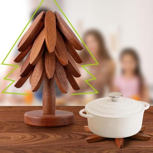 Wooden Trivets for Hot Dishes, Hot Dish Coaster with Tree-Shaped Wood Collapsible Hot Pad Trivet Tree for Restaurant, 4 Wooden Trivet   1 Stand（Walnut Wood）
