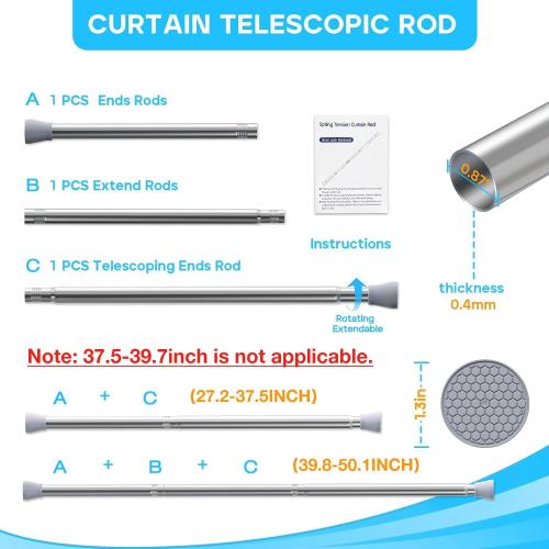 Silver Tension Curtain Rod for Windows 28 to 48 Inch