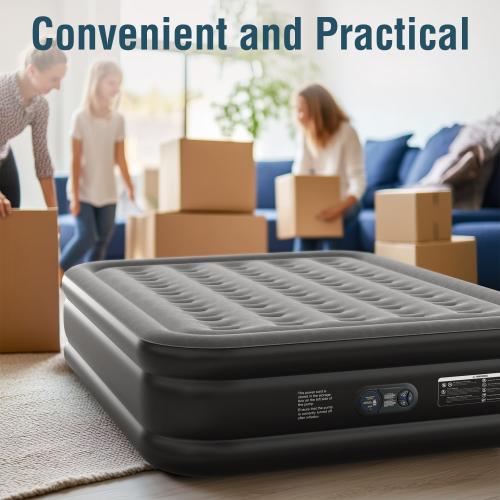 Black and Grey Air Mattress Queen with Built in Pump Inflatable Mattress with Soft Flocked Top & Carry Bag Adjustable Blow Up Mattress Portable Air Bed for Guest Indoor