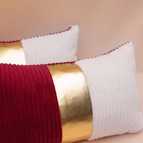 Red and Cream White Boho Striped Corduroy Throw Pillow Covers with Pink Leather Patchwork 12x20 Inch, Pack of 2, Double-Sided, Soft Home Decorative Pillows for Couch and Living Room