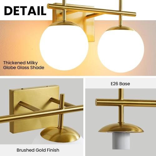 Gold Vanity Light, 2-Light Bathroom Lighting Fixtures Over Mirror Milky White Glass Globe Shades, Modern Vanity Lighting Fixtures Wall Sconce 14 Inch (Exclude E26 Bulb)
